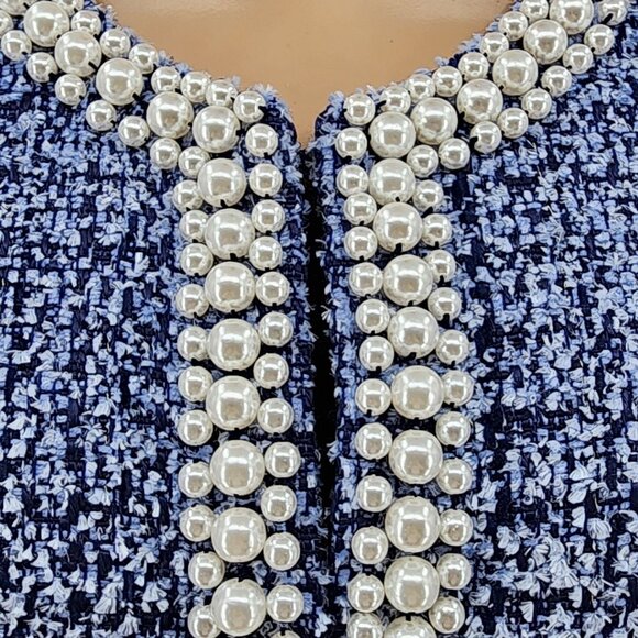 Kate Spade New York Gabrielle Blue Tweed Pearl-Trim Jacket Size 16 - Picture 7 of 14